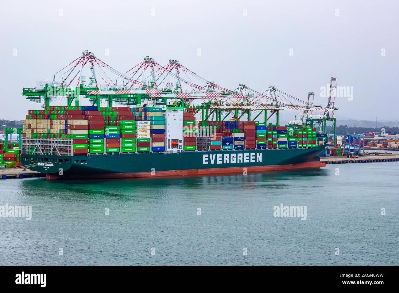 Colon, Panama - December 8, 2019: Evergreen container ship with full of cargo docked in port Stock Photo