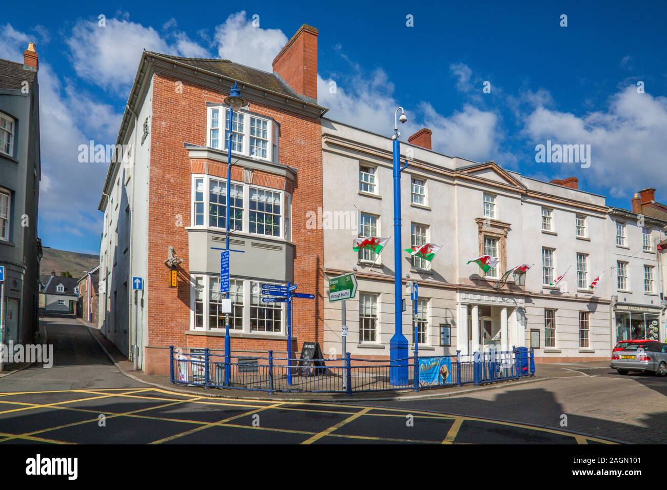 The Welsh flag flies in numbers on the Angel Hotel in Cross Street