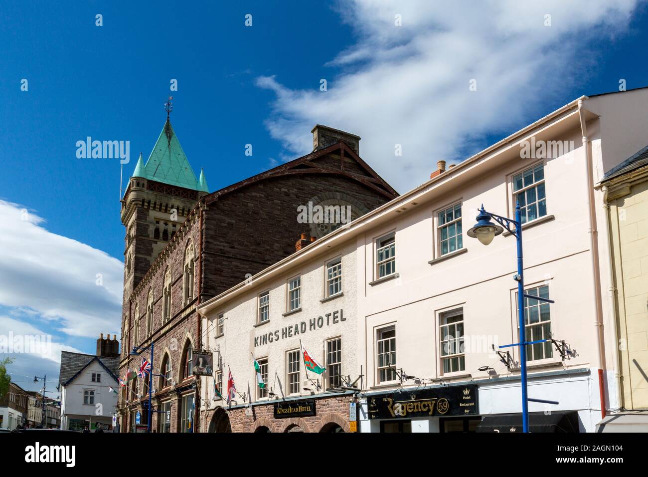 The Kings Head Hotel and Market Hall Tower in Cross Street, Abergavenny
