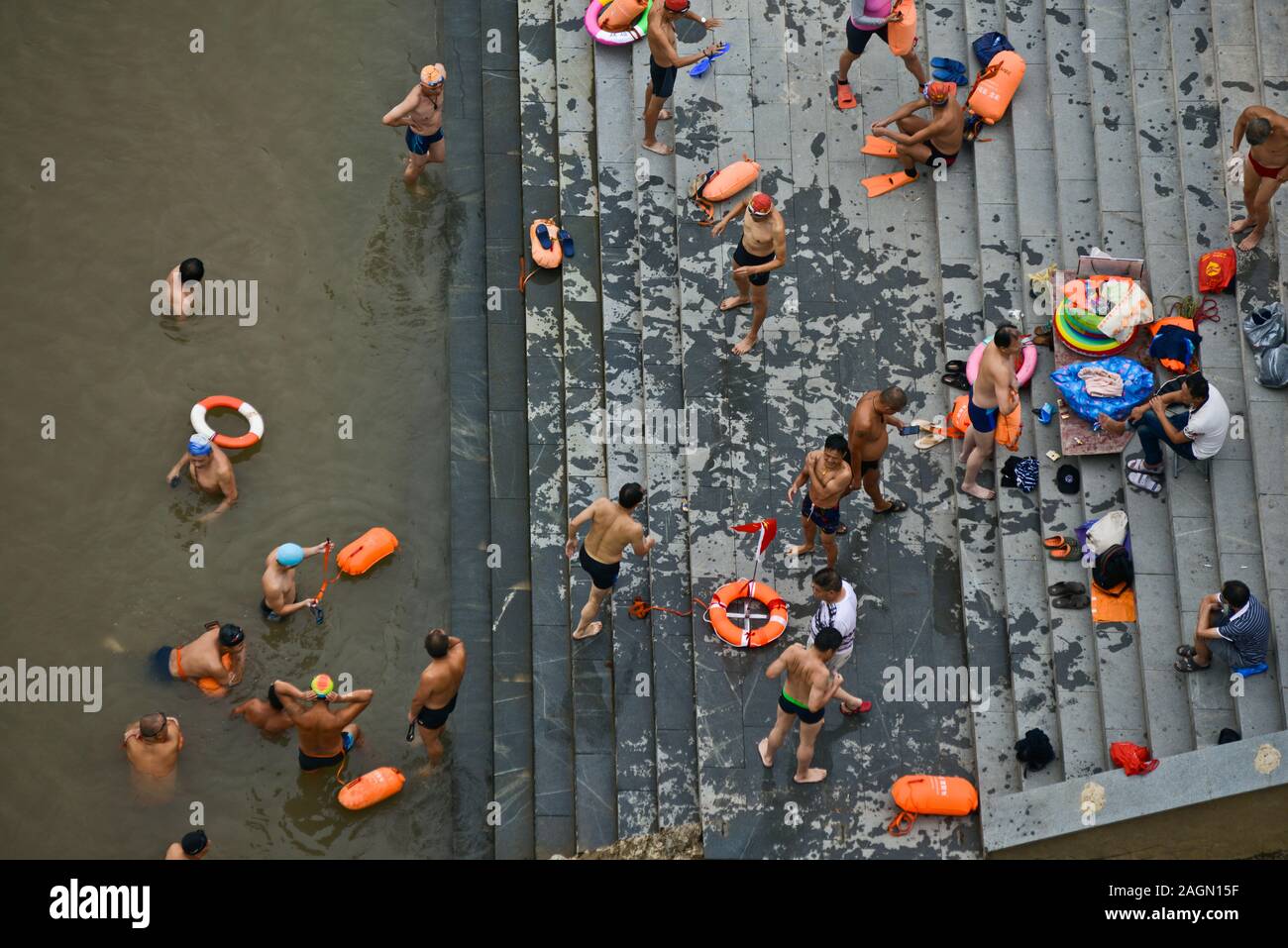 Swimmers in Yangtze River, Wuhan, China Stock Photo