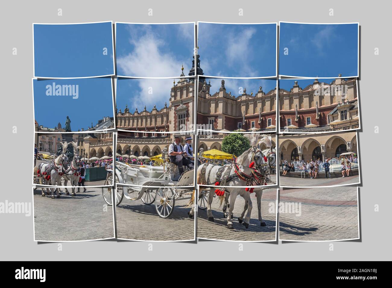 Horse-drawn carriages await tourists on the Krakow Main Market Square (Rynek Glowny), Krakow, Lesser Poland, Poland, Europe Stock Photo