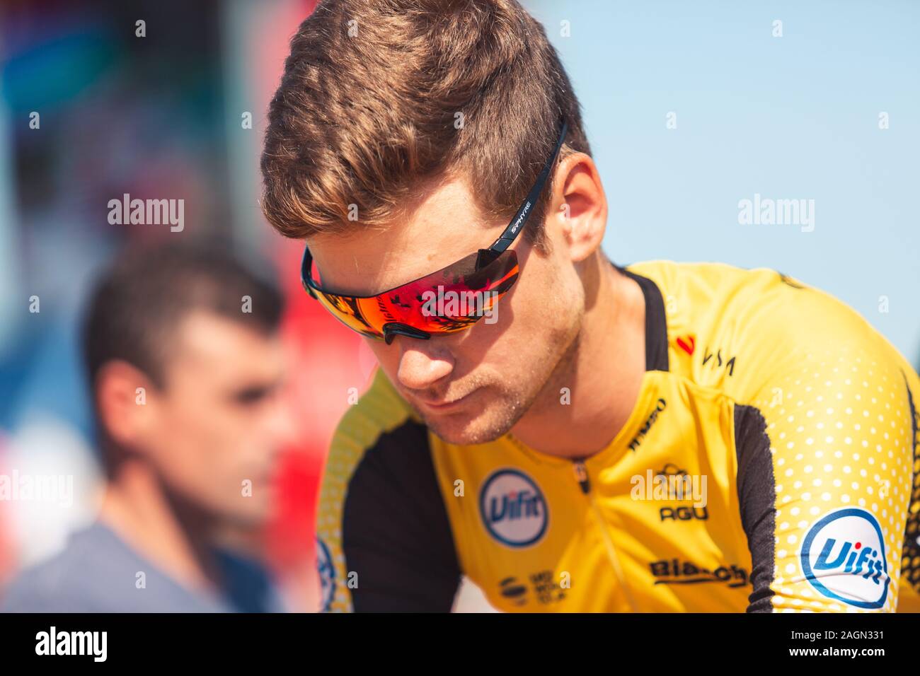 San Vicente de la Barquera, Spain-September 7, 2019: Lennard HOFSTEDE, cyclist of the TEAM JUMBO - VISMA during stage 14 of La Vuelta a España. Stock Photo