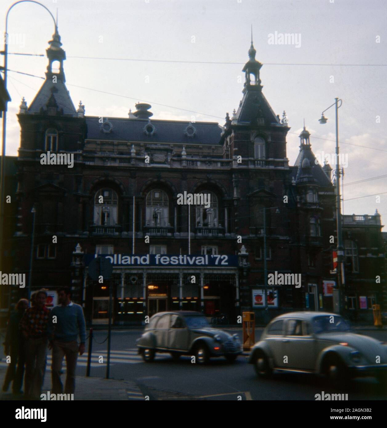 Vintage circa 1972 photograph, building in Amsterdam, Netherlands, with banner for Holland Festival ’72. SOURCE: ORIGINAL TRANSPARENCY. Stock Photo