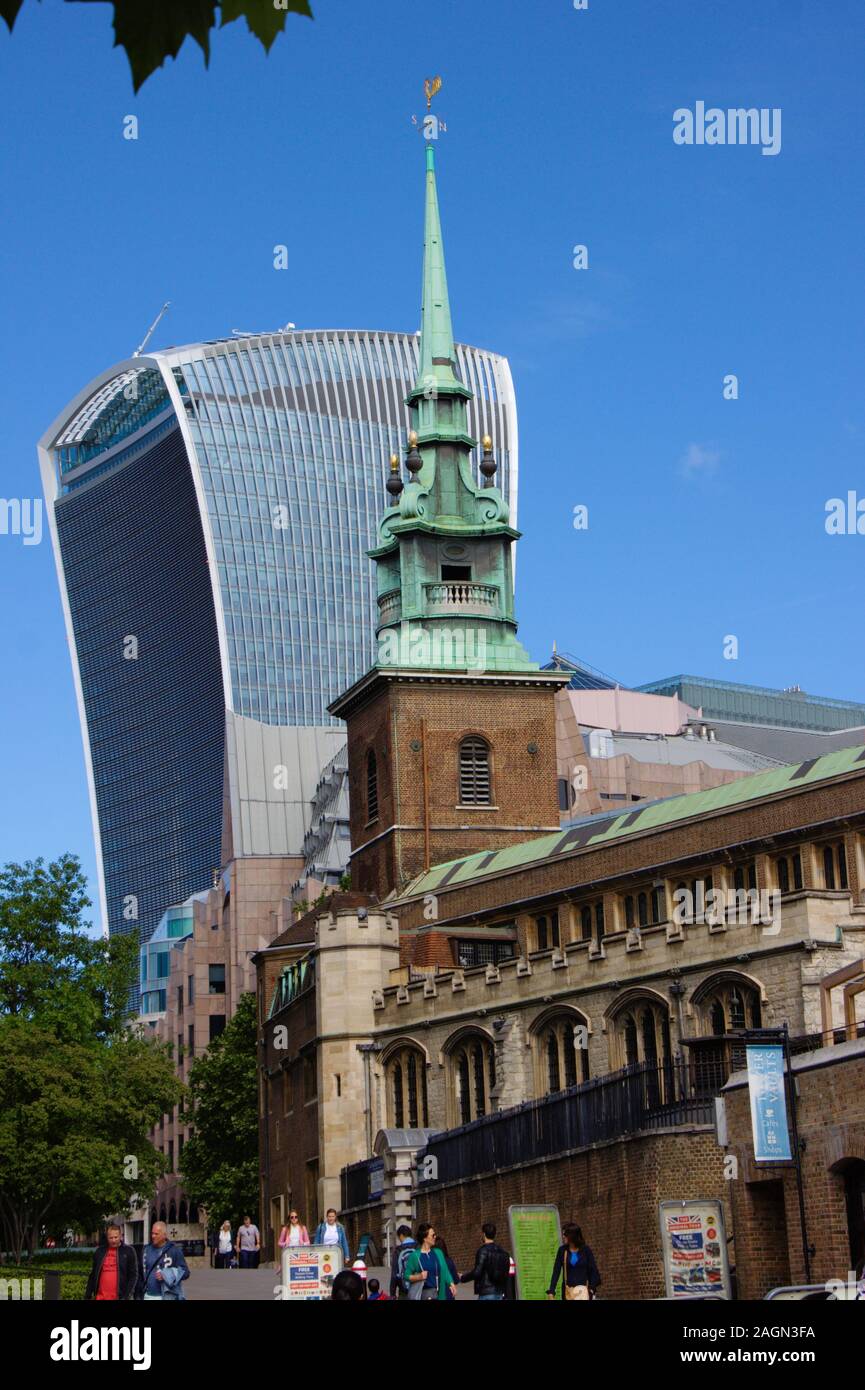 London City Skyline. Old and modern buildings. Sky garden and All Hollows by the Tower. Stock Photo