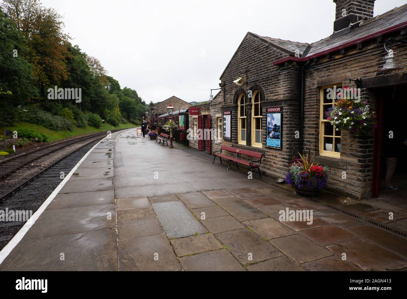 Oxenhope Railway station in West Yorkshire is the terminus of the Keighley and Worth Valley Railway a steam heritage preservation railway in the U.K. Stock Photo