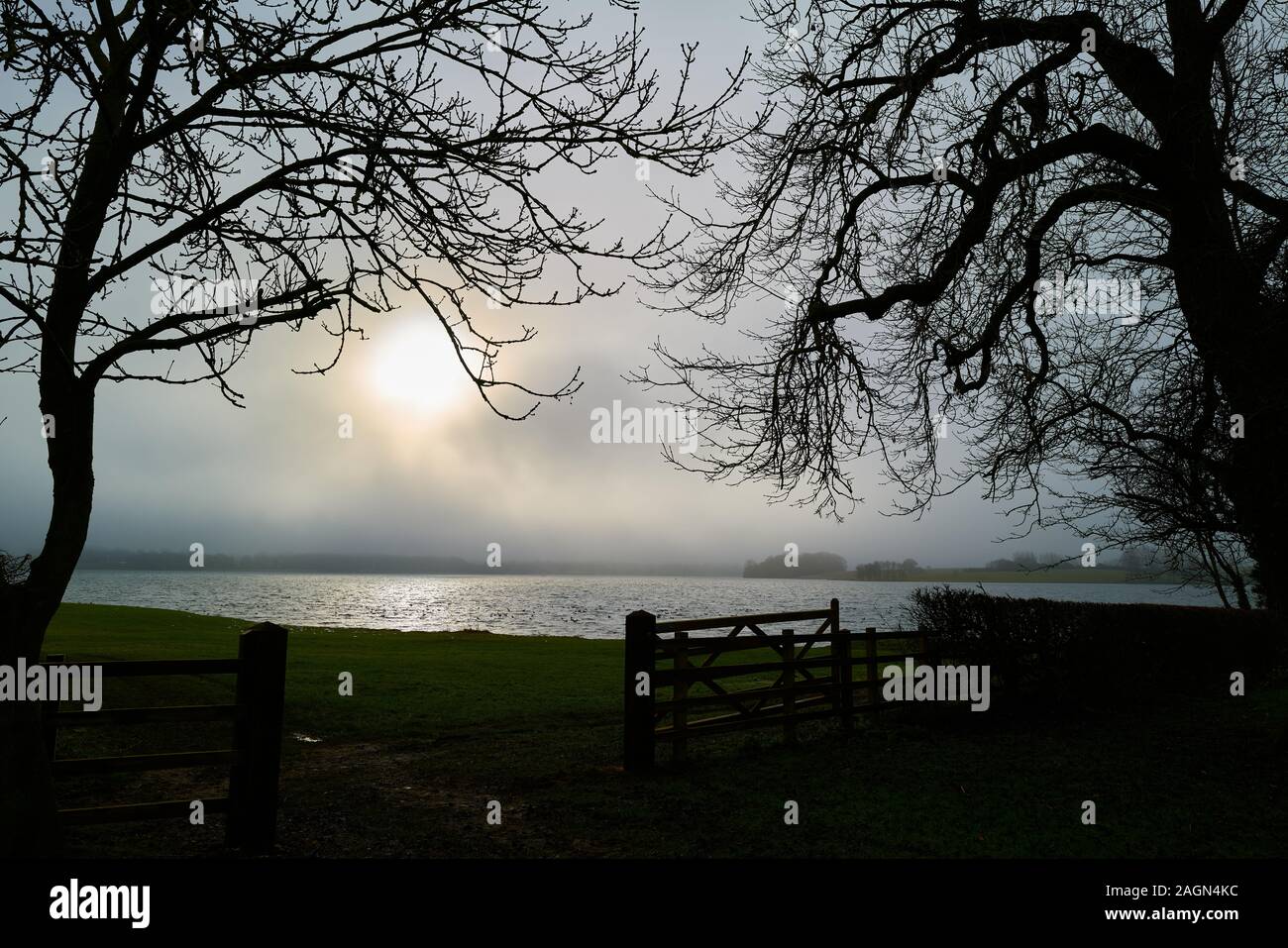 Sunlight starts to break through the mist over a lake on a foggy winter morning. Stock Photo
