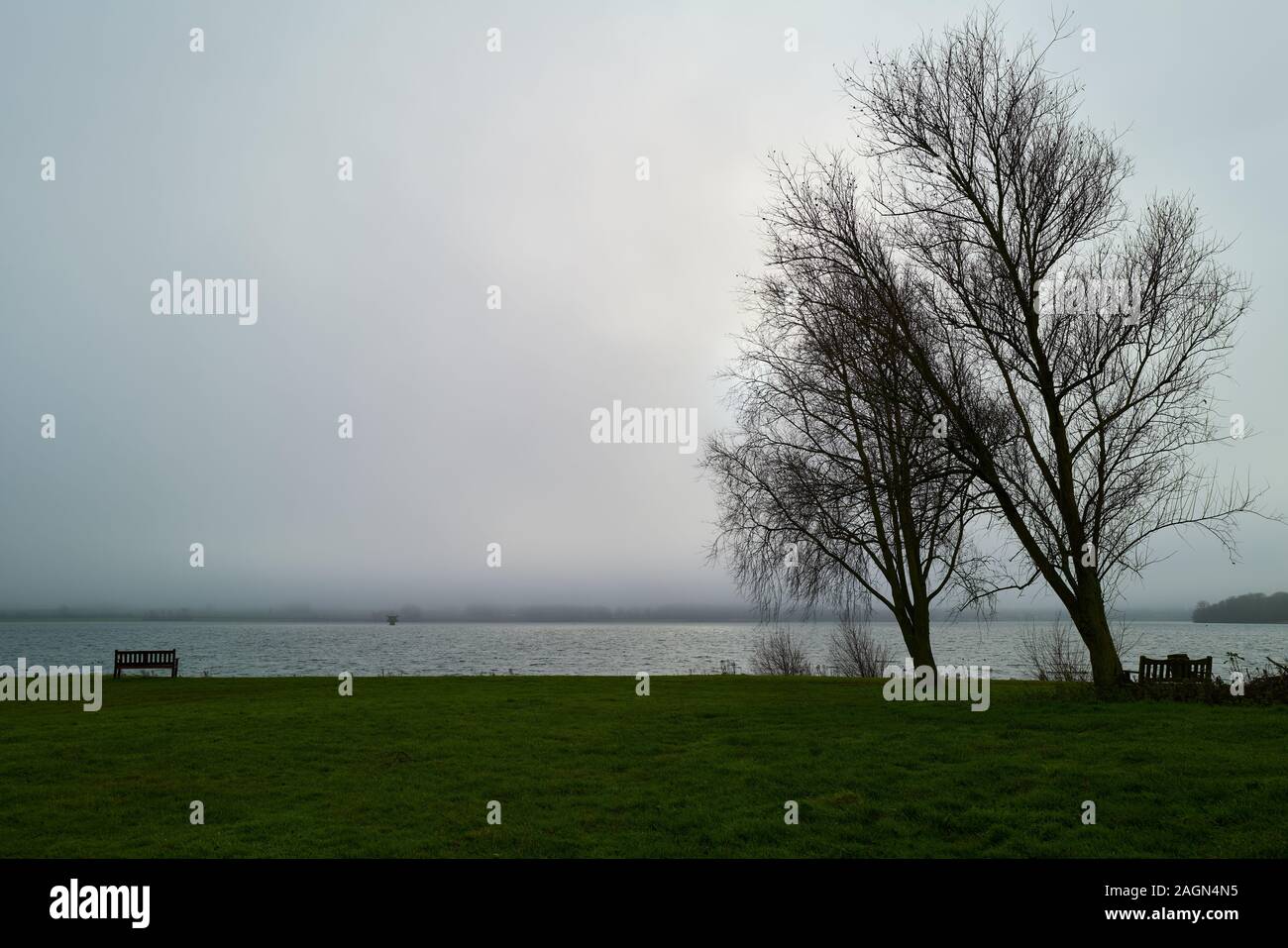 Sunlight starts to break through the mist over a lake on a foggy winter morning. Stock Photo