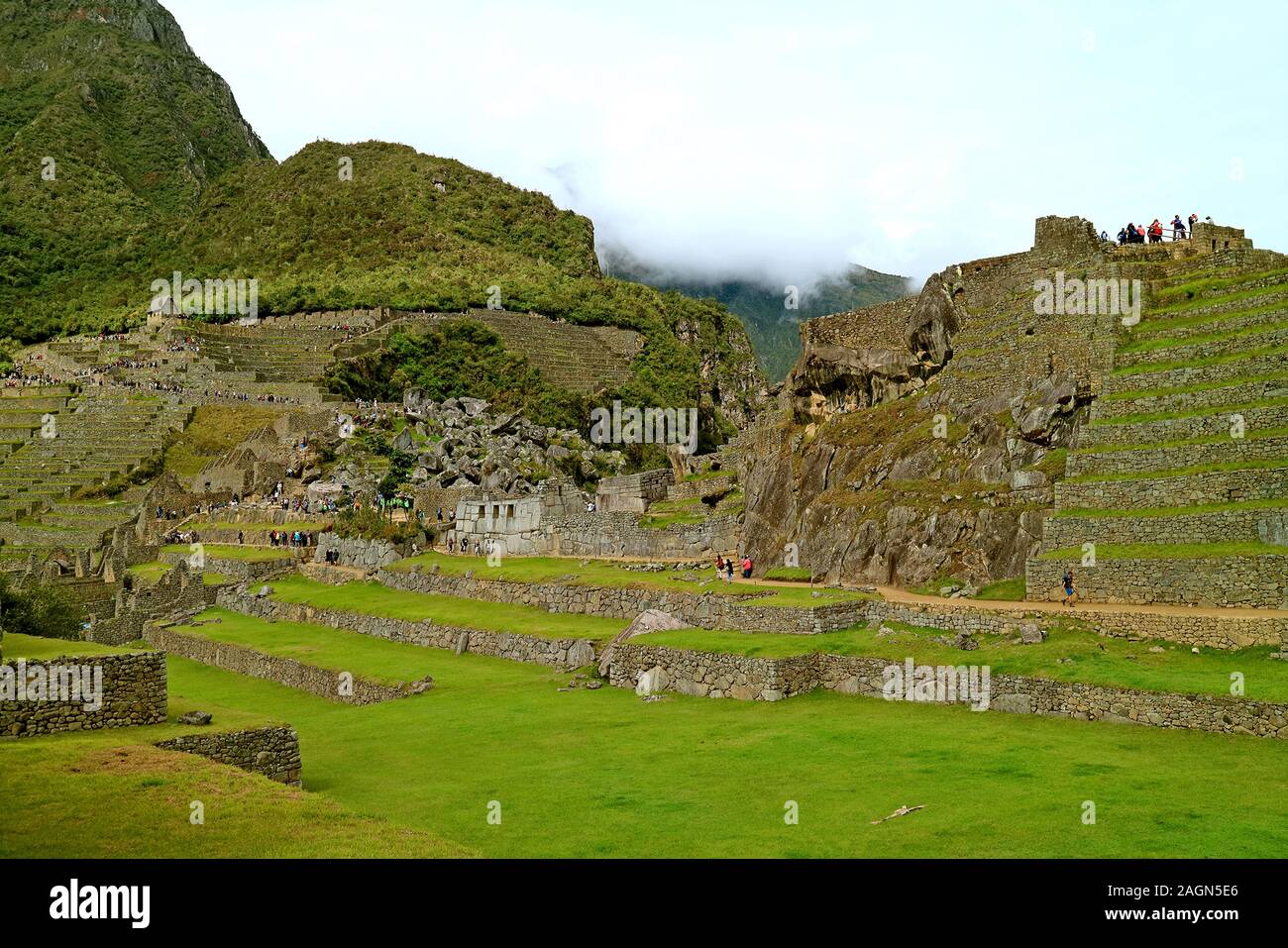Incredible Ancient Inca Structures Inside Machu Picchu, the New Seven Wonders of the World in Cusco Region of Peru Stock Photo