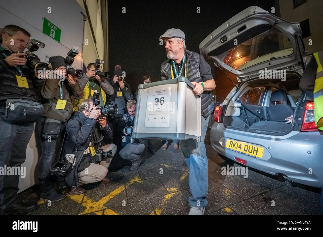 General Election Night 2019: The Conservative Party would go on to win a landslide securing their biggest majority since 1987. London, UK Stock Photo