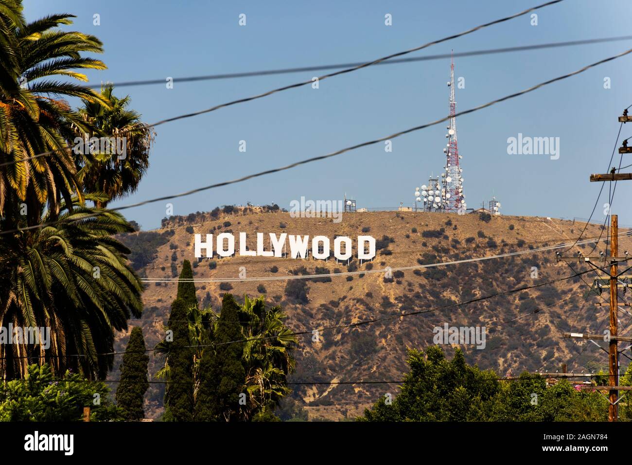 Hollywood sign and communication towers, Hollywood Los Angeles, California, USA Stock Photo