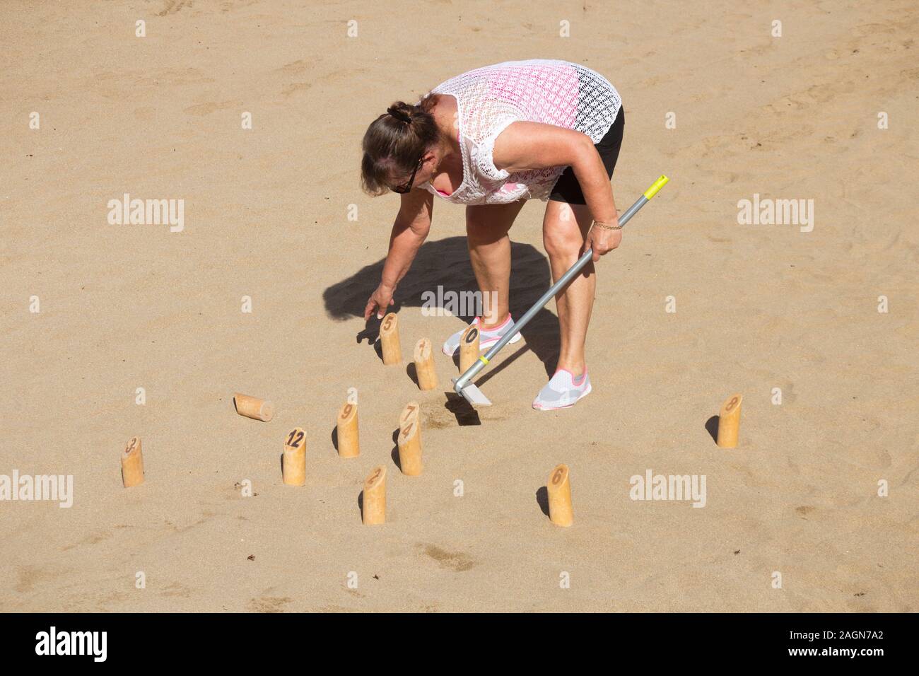 Elderly Finnish people playing mölkky, Molkky (a skittle game popular