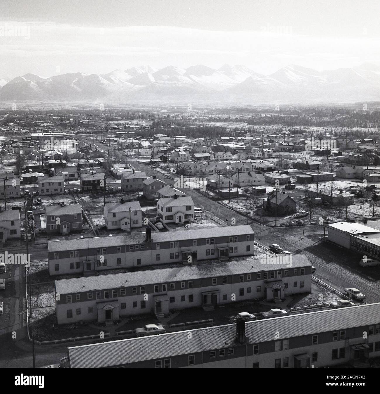 1960s, historical, aerial view over housing in Anchorage with the