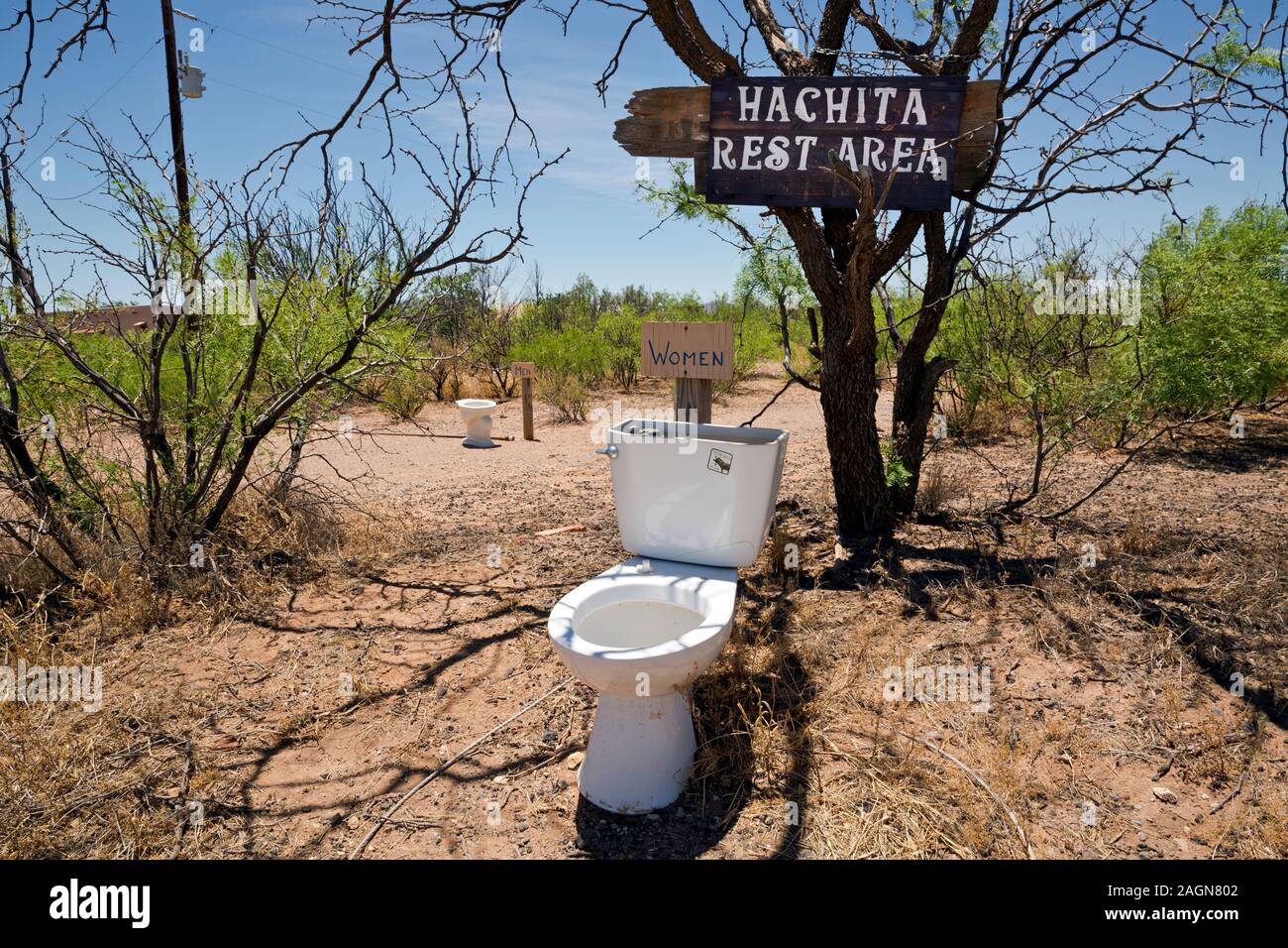 NM00177-00...NEW MEXICO - A tongue in cheek Rest Area at Hachita, an old mining town located in the Chiricahua Desert. Stock Photo