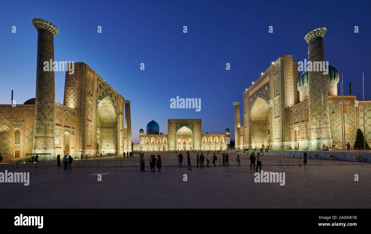 illuminated famous Registan of Samarkand, Uzbekistan, Central Asia Stock Photo