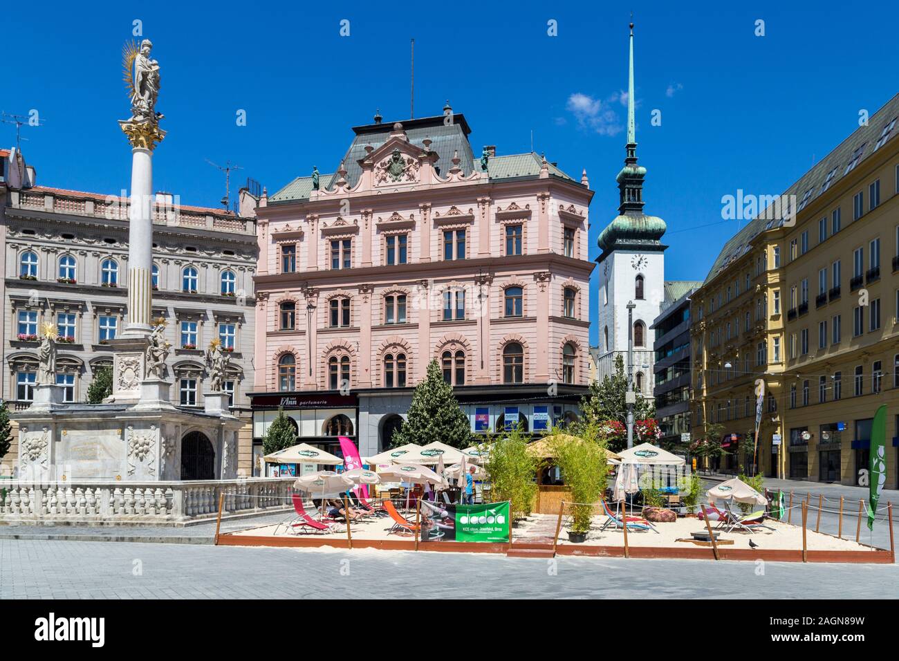 Plague monument and relaxing area of beach, Freedom Square, Brno, Czech Republic, Europe Stock Photo