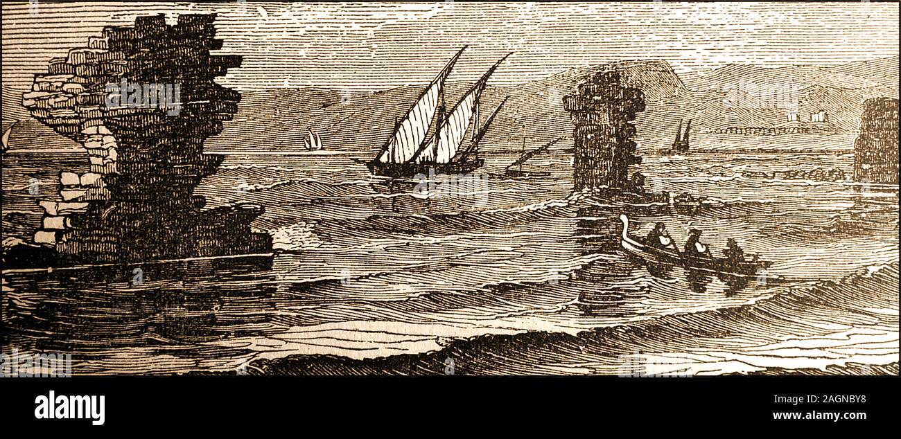A 19th century engraving showing sunken remains of ruins of Ushu (old Tyre aka Melqart  &  Paleotyre ), Lebanon, now lost. One of its chief exports were purple dyes made from shellfish  and known  commercially as Tyrian purple. Stock Photo