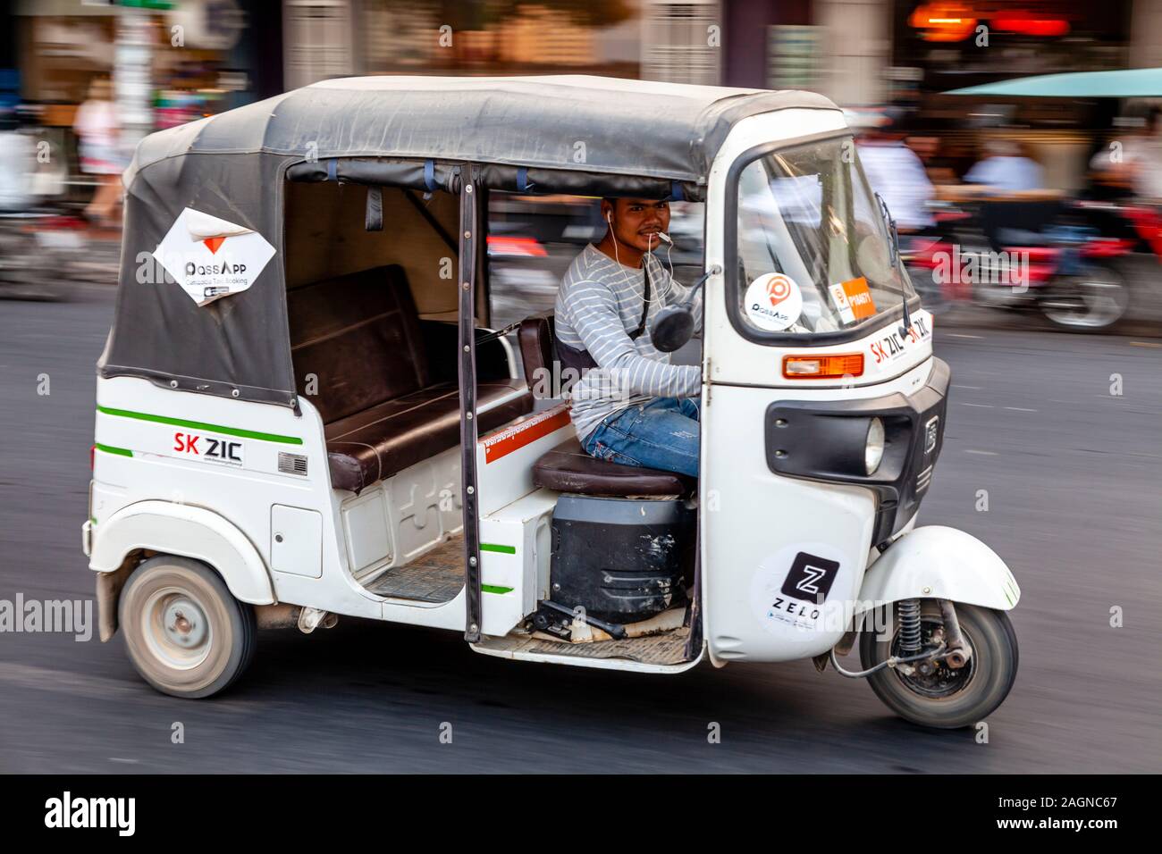 An Auto Rickshaw (Motorcycle) Taxi, Phnom Penh, Cambodia. Stock Photo