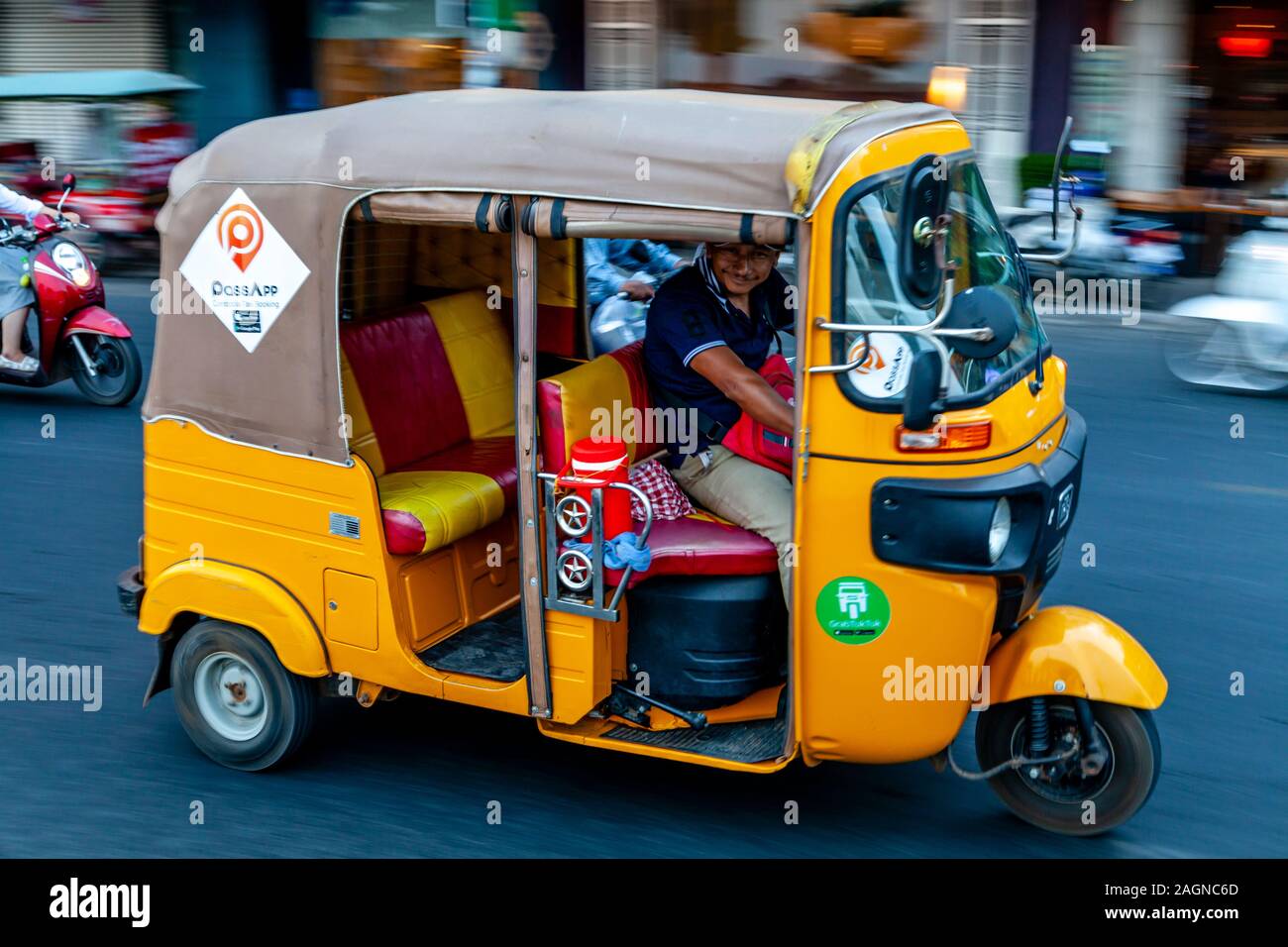 An Auto Rickshaw (Motorcycle) Taxi, Phnom Penh, Cambodia. Stock Photo