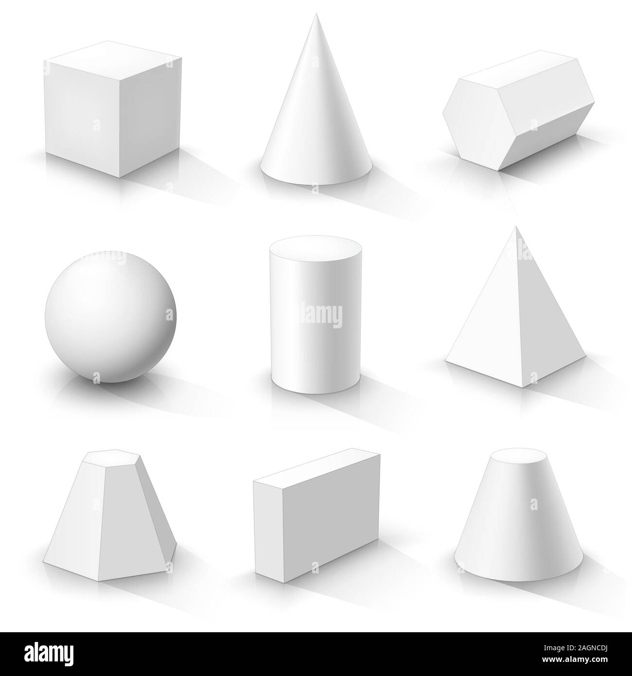 Set of basic 3d shapes. White geometric solids on a white ...