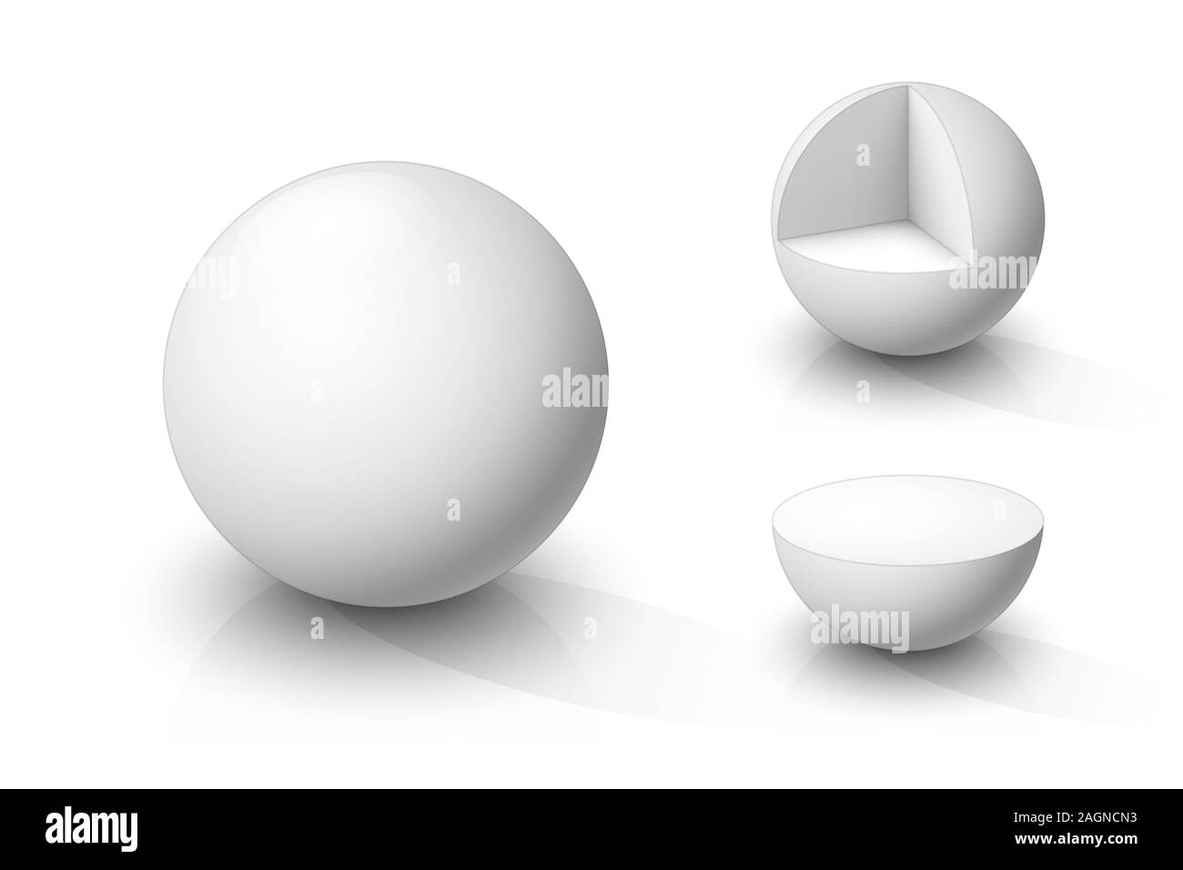 White sphere, cutaway sphere and hemisphere . Vector illustration Stock Vector
