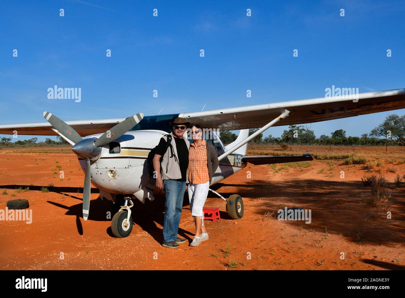 Australia, November 09, 2017: Two seniors with Cessna aircraft for flight into Mungo National Park in New South Wales Stock Photo