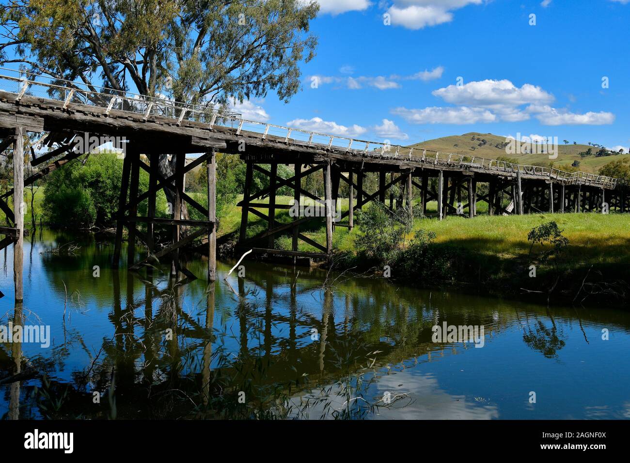 Australia, old wooden railway bridge from 19th century in Gundagai