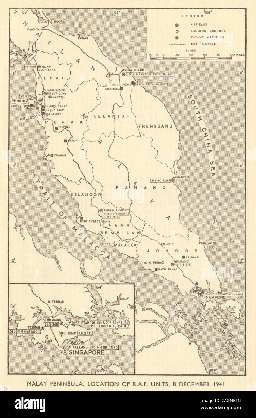Malay Peninsula RAF units 8 December 1941 World War 2 Singapore 1954 old map Stock Photo