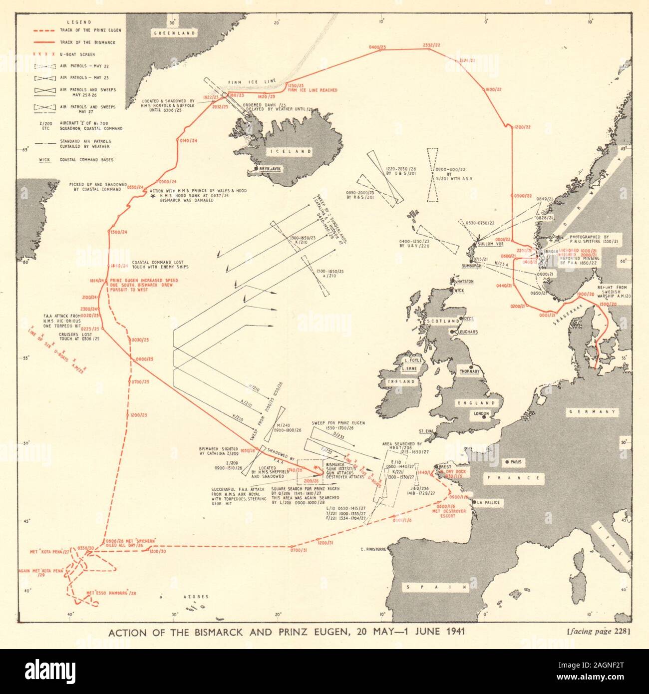 Track of Bismarck & Prinz Eugen 20 May-1 June 1941 World War 2 Atlantic 1953 map Stock Photo