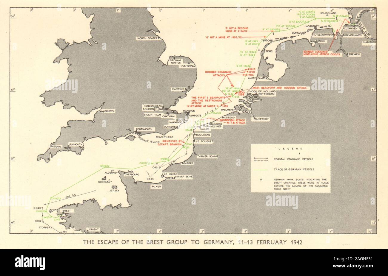 Channel Dash Unternehmen Zerberus. 11-13 February 1942. World War 2 RAF 1953 map Stock Photo