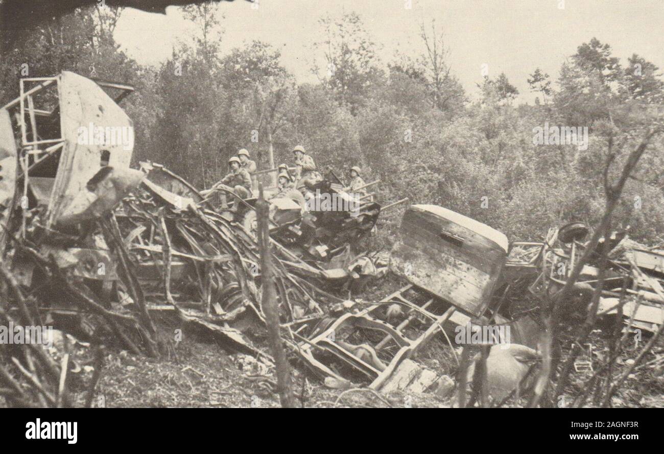 German transport wreckage near Chambois, after RAF attacks. World War 2 1954 Stock Photo