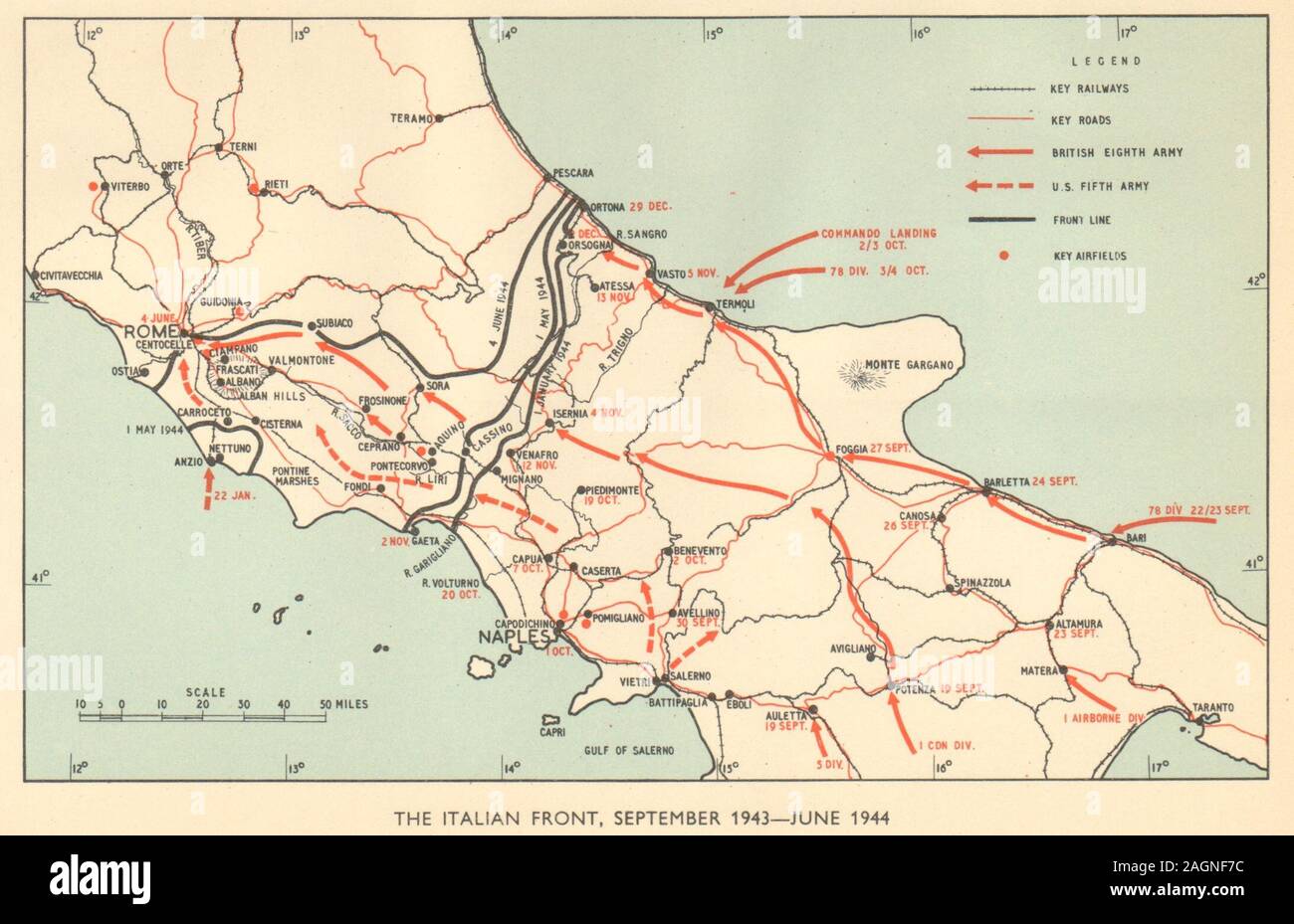 Italian front, September 1943-June 1944. World War 2. Italy. Cassino 1954 map Stock Photo