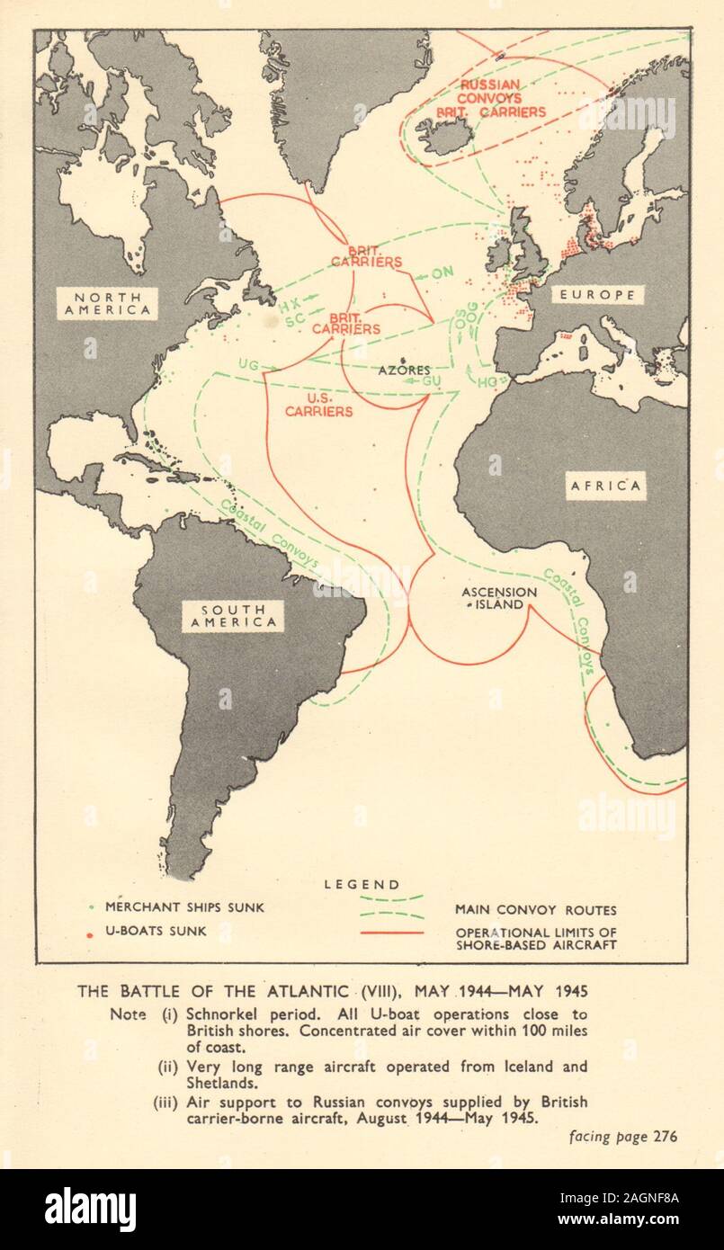 Battle of the Atlantic May 1944-May 1945. World War 2. RAF. Convoys 1954 map Stock Photo