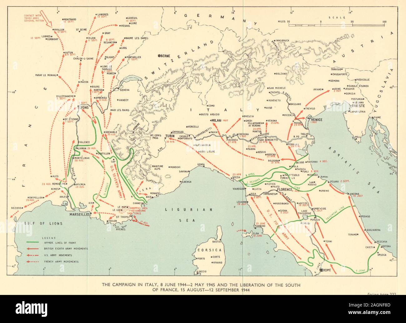 Campaign in Italy & South of France June 1944 - Sept 1945. World War 2 1954 map Stock Photo