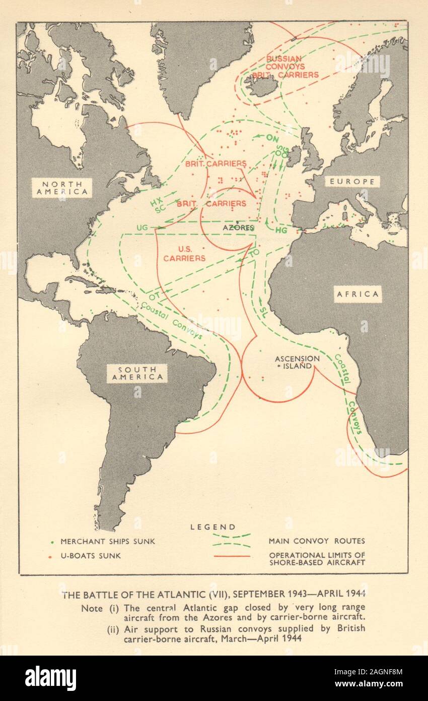 Battle of the Atlantic Sept 1943-April 1944. World War 2. RAF. Convoys 1954 map Stock Photo