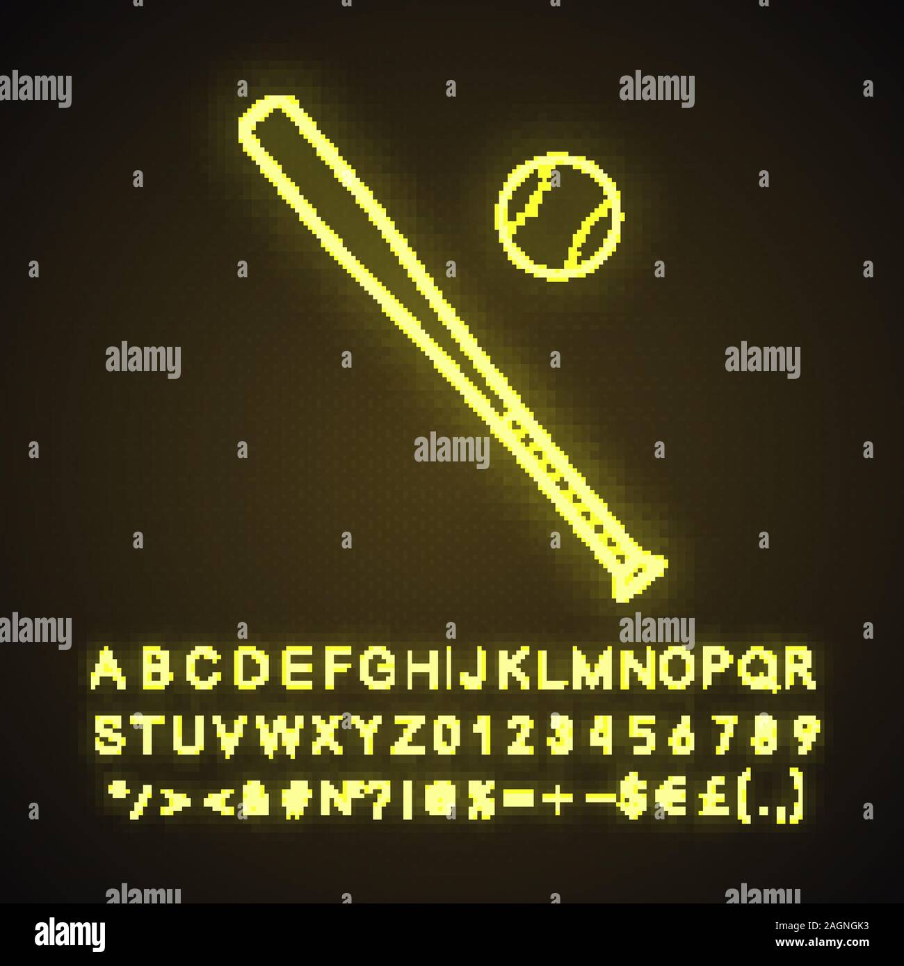 Baseball bat and ball neon light icon. Softball player's equipment. Glowing sign with alphabet