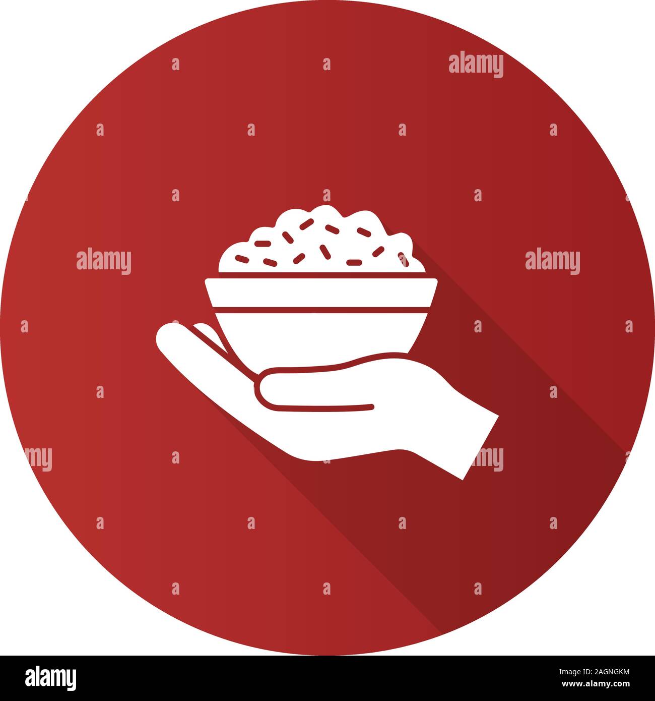 Food donation flat design long shadow glyph icon. Open hand with rice bowl. Chinese fried rice for free. Vector silhouette illustration Stock Vector