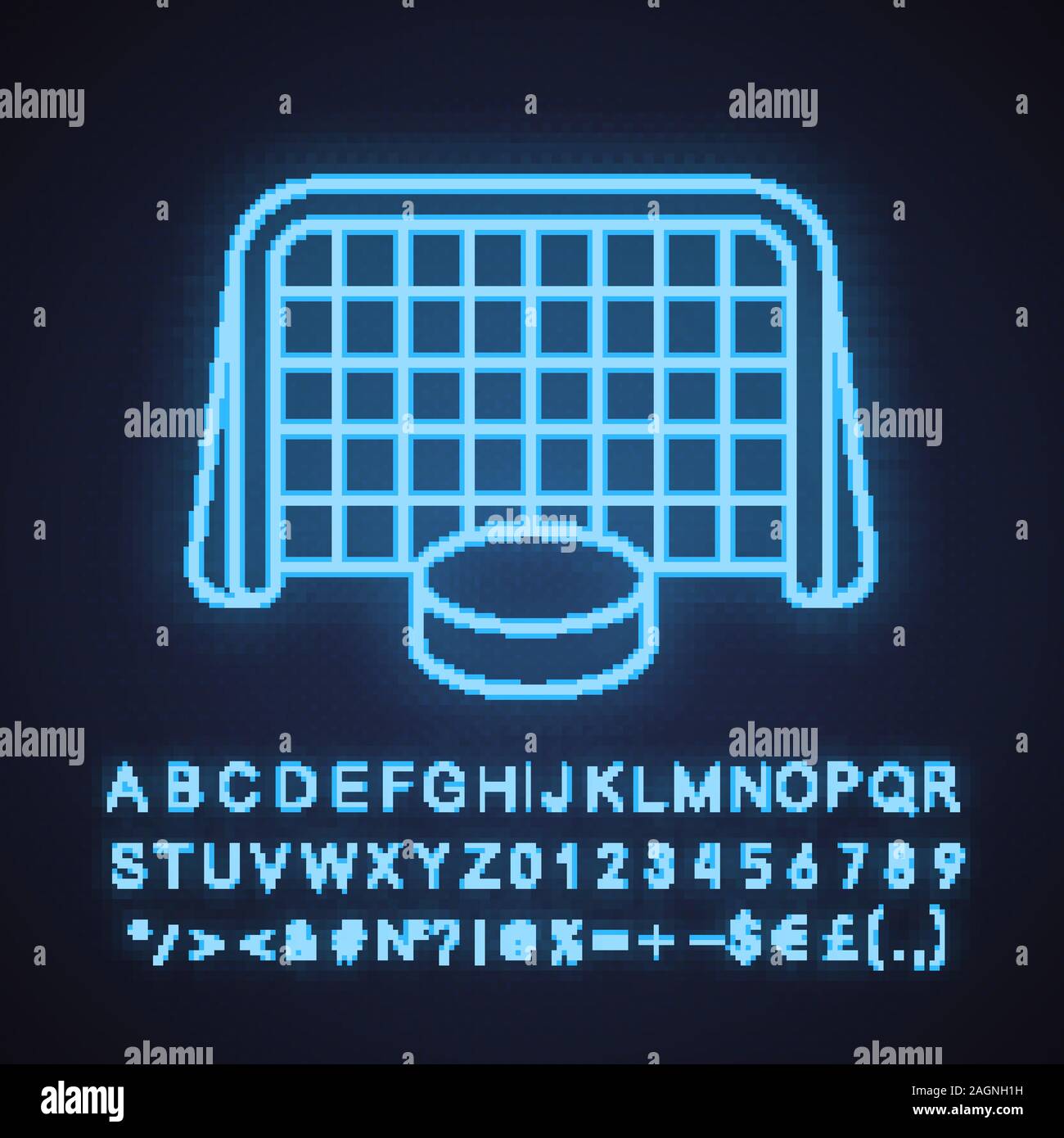 Ice hockey gate and puck neon light icon. Hockey goal. Glowing sign