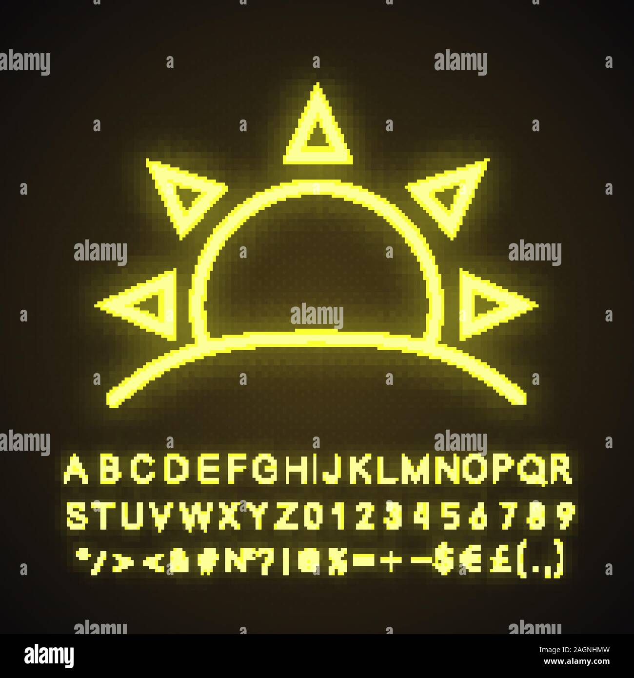 Rising sun neon light icon. Morning. Dawn. Glowing sign with alphabet