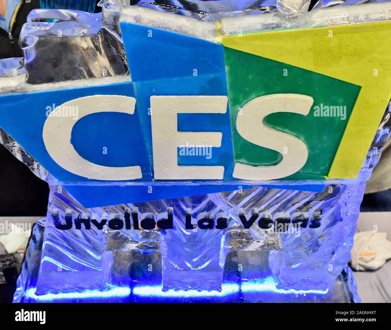 Ice sculpture with logo of CES Unveiled special showcase event held at CES, Consumer Electronics Show, Las Vegas, Nevada, USA Stock Photo