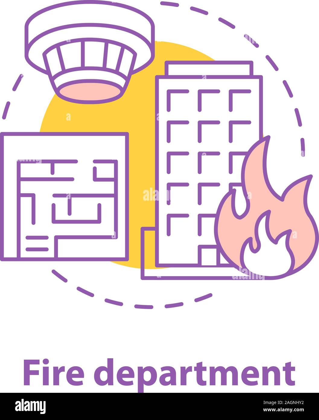 Fire department concept icon. Firefighting idea thin line illustration. Building on fire, smoke detector, evacuation plan. Vector isolated outline dra Stock Vector