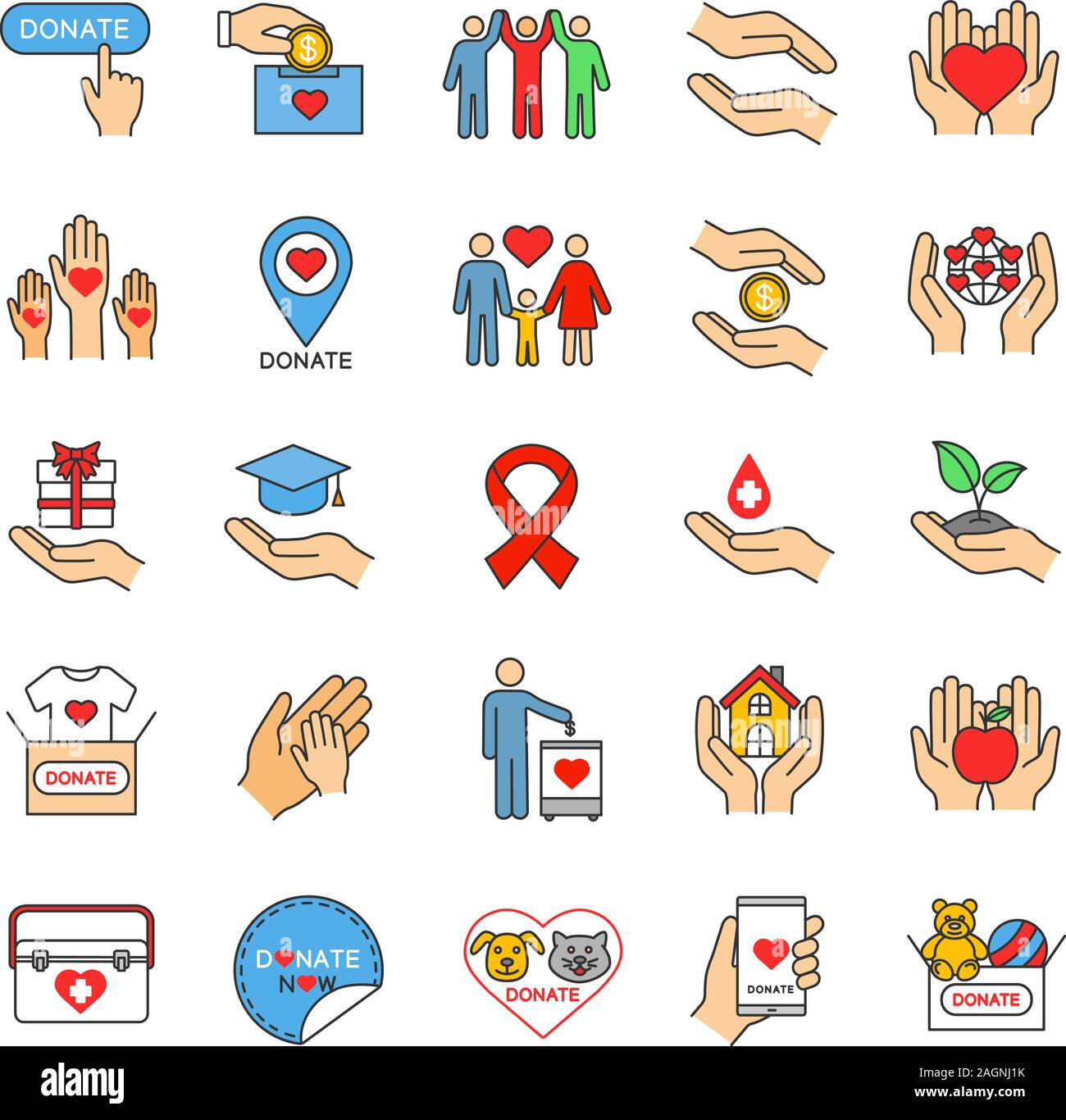 Charity color icons set. Donation. Fundraising, helping hands