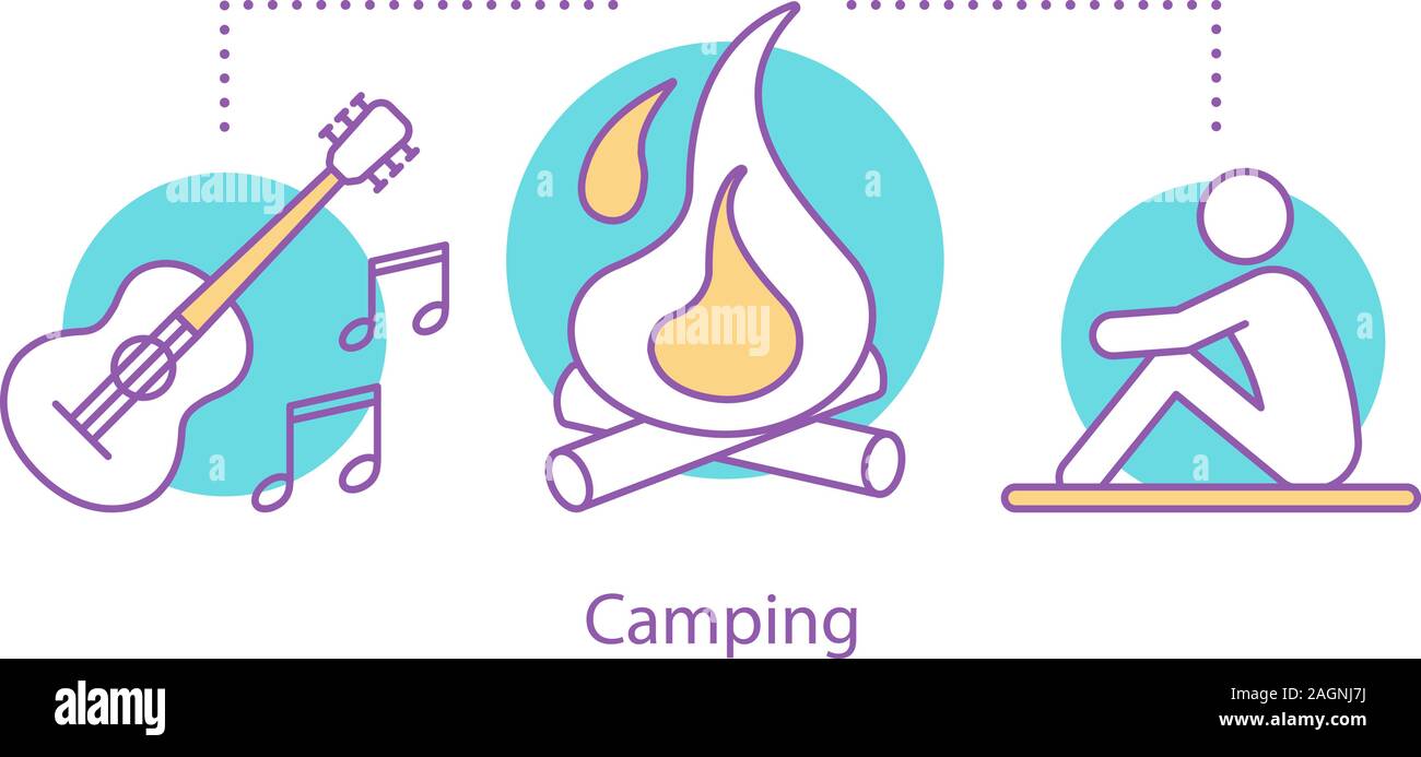 Camping concept icon. Rest near bonfire. Outdoor recreation idea thin ...
