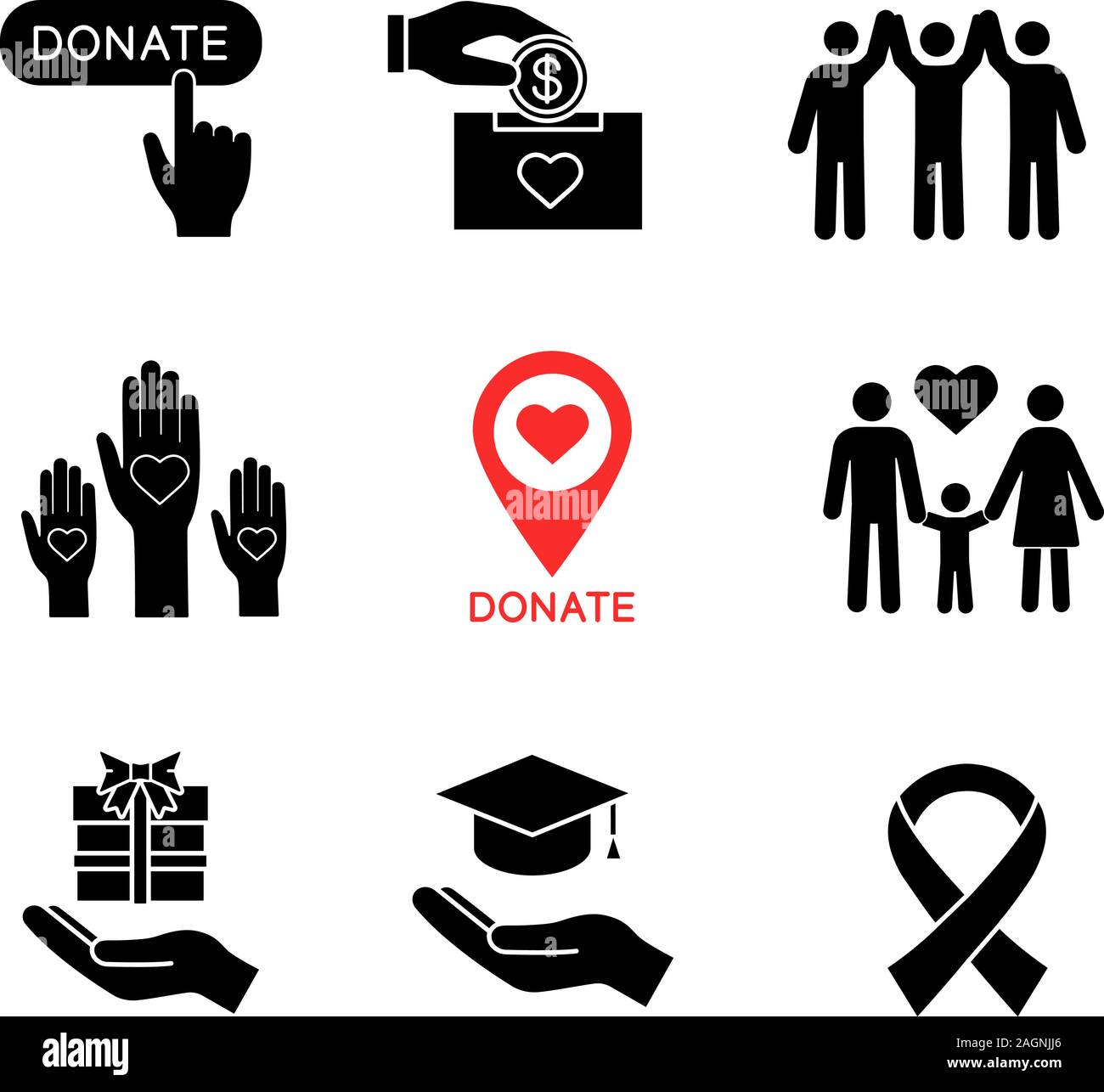 Charity Glyph Icons Set Silhouette Symbols Donate Button