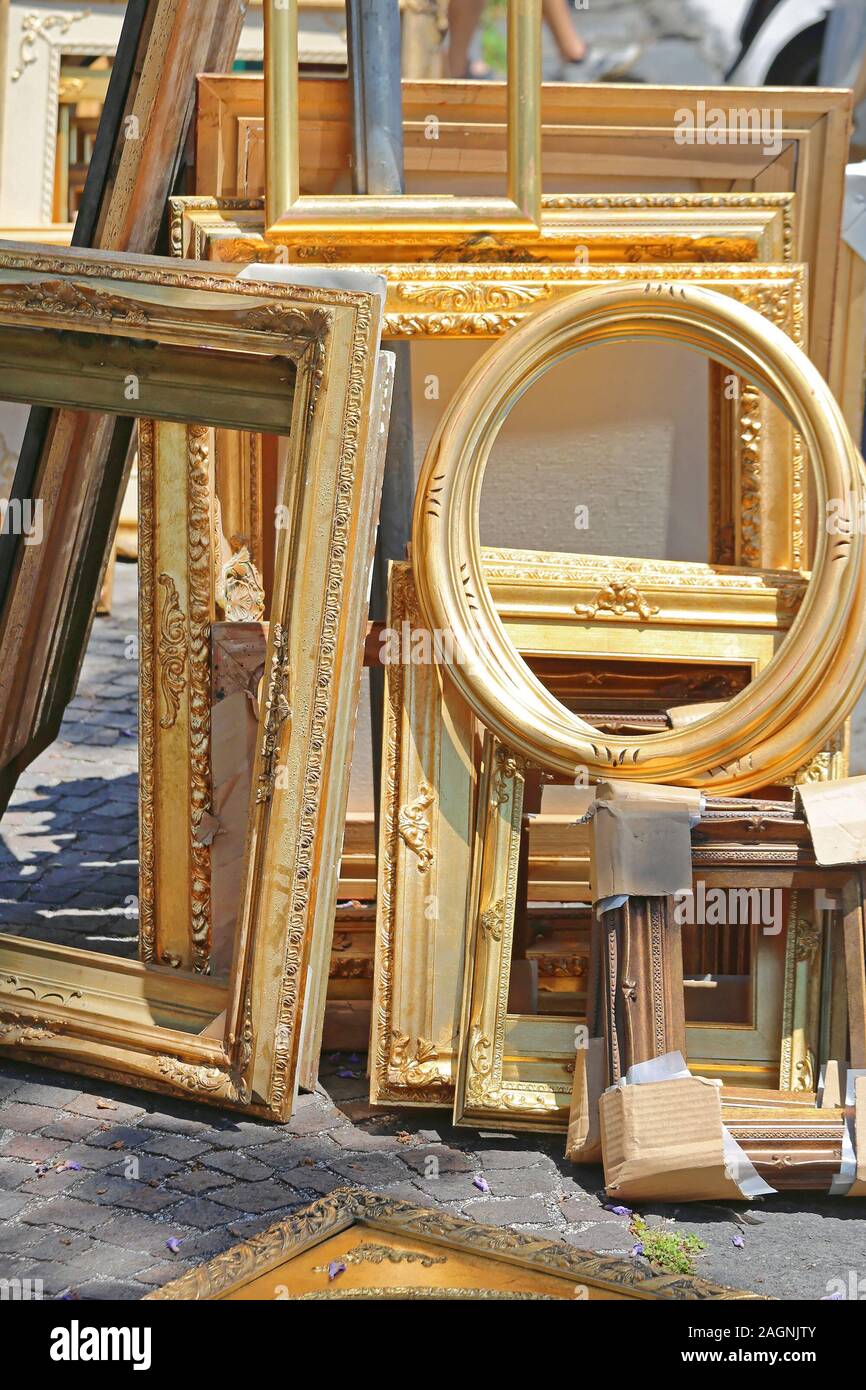 Rustic Gold Picture Art Frames at Flea Market Stock Photo Alamy