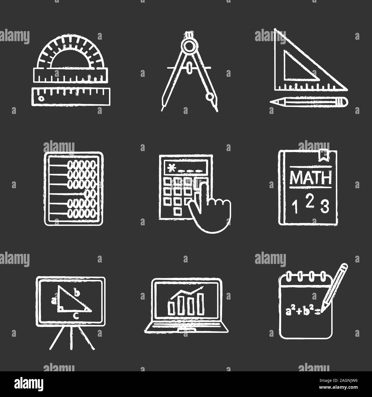 Mathematics chalk icons set. Geometry and algebra. Drafting tools