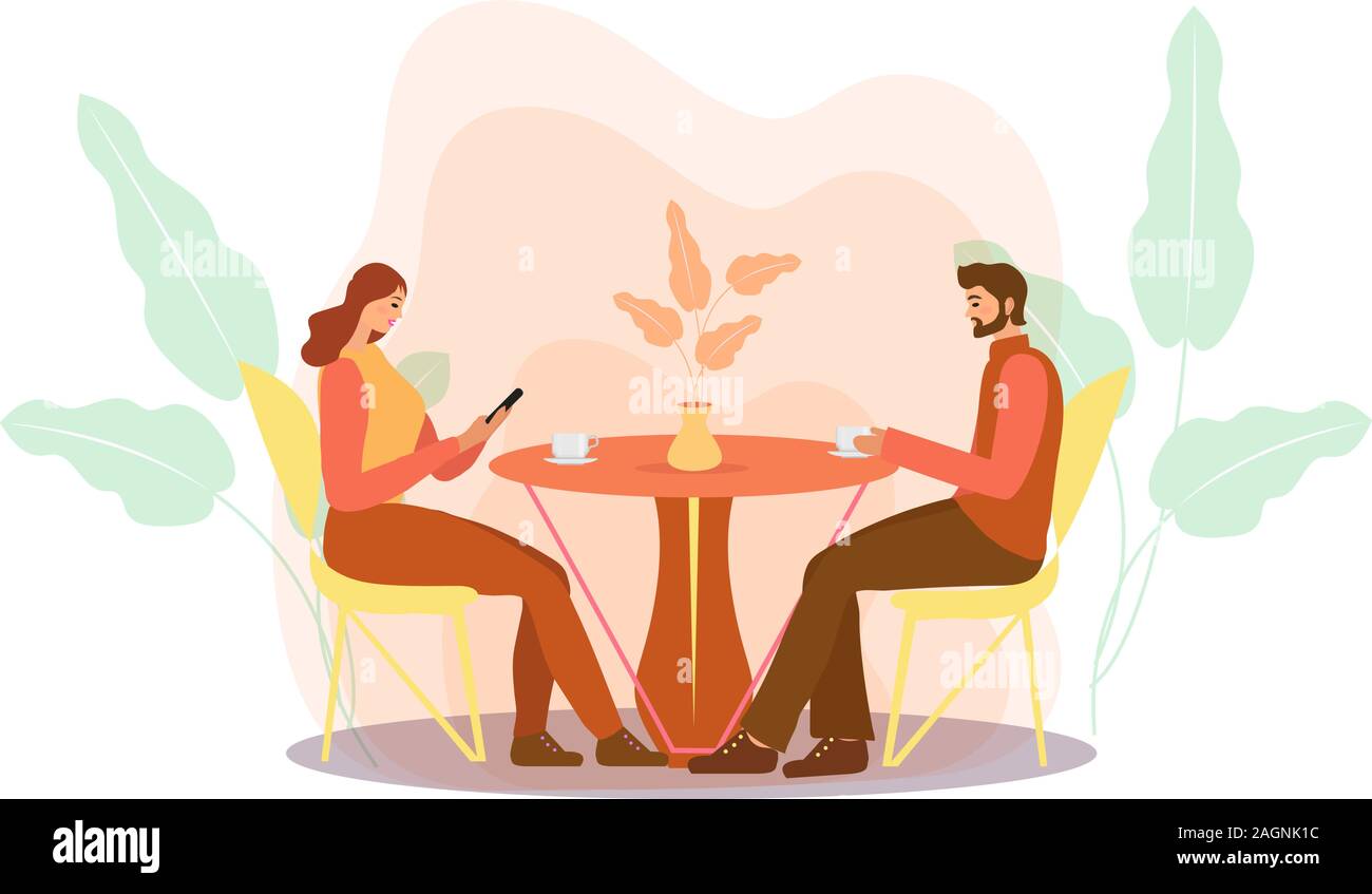 A guy and a girl are sitting at a table in a cafe drinking coffee. Woman and man in a restaurant, first date, dating, love. Flat modern illustration Stock Vector Image & A guy and a girl are sitting at a table in a cafe drinking coffee. Woman and man in a restaurant, first date, dating, love. Flat modern illustration Stock Vector Image &