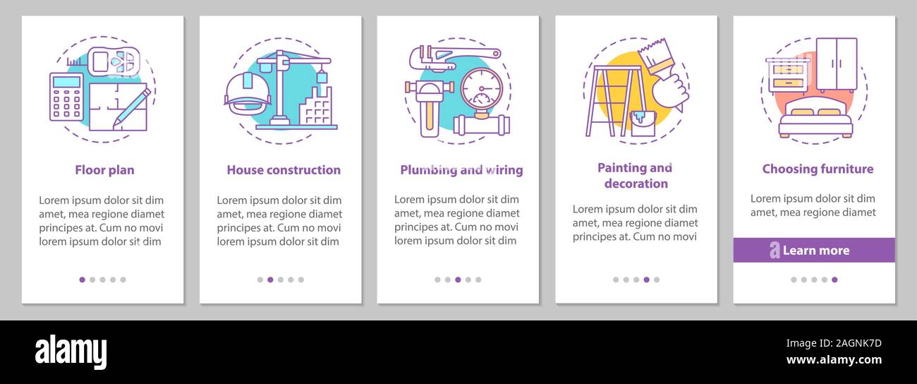 House Building Onboarding Mobile App Page Screen With Concepts Construction Wiring And Plumbing Painting And Decoration Steps Graphic Instructions Stock Vector Image Art Alamy
