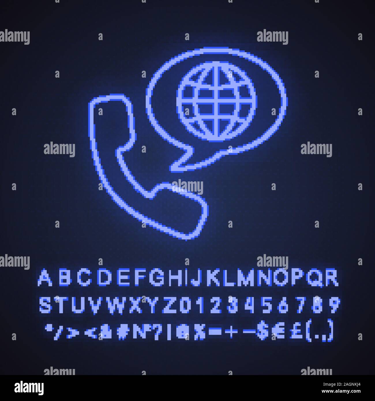 International phone call neon light icon. Handset with globe inside