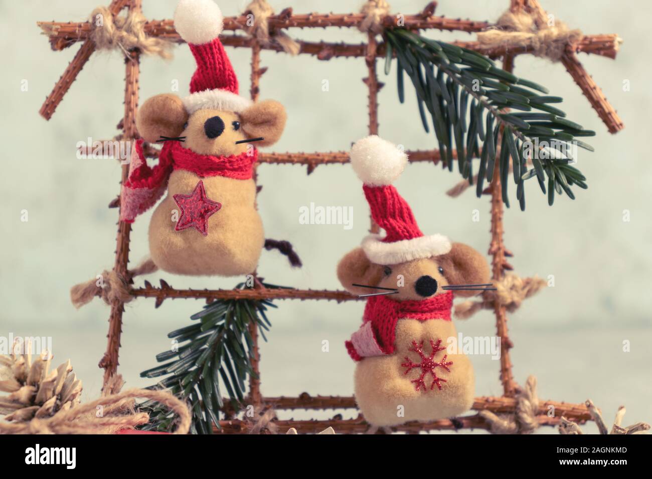 Two Little Toy Christmas Mice And Decorations From Natural