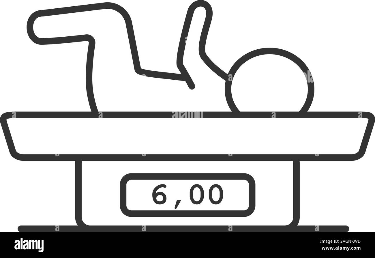 Baby scales linear icon. Thin line illustration. Newborn child weighing